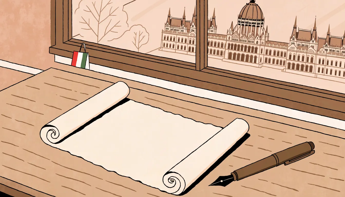 Jogi dokumentum, toll és a magyar Parlament illusztrációja az asztalon
